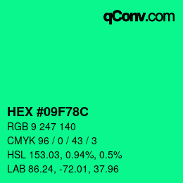 Color code: HEX #09F78C | qconv.com