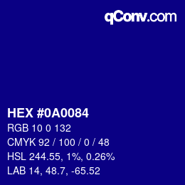 カラーコード: HEX #0A0084 | qconv.com
