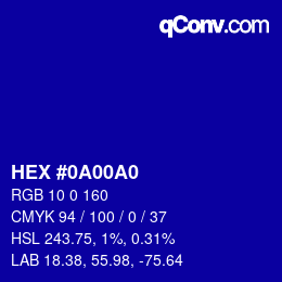 颜色代码: HEX #0A00A0 | qconv.com