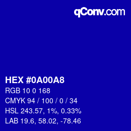 Color code: HEX #0A00A8 | qconv.com