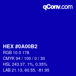 Color code: HEX #0A00B2 | qconv.com