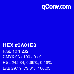 Farbcode: HEX #0A01E8 | qconv.com