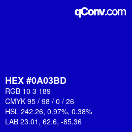 Color code: HEX #0A03BD | qconv.com