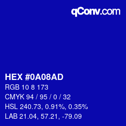 カラーコード: HEX #0A08AD | qconv.com