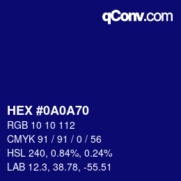 颜色代码: HEX #0A0A70 | qconv.com