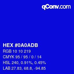 Color code: HEX #0A0ADB | qconv.com
