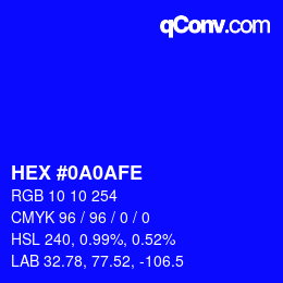 Color code: HEX #0A0AFE | qconv.com