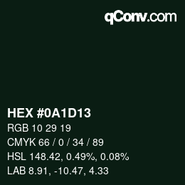 Code couleur: HEX #0A1D13 | qconv.com