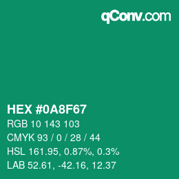 颜色代码: HEX #0A8F67 | qconv.com