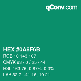 颜色代码: HEX #0A8F6B | qconv.com