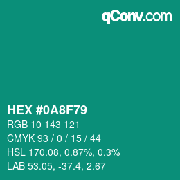 颜色代码: HEX #0A8F79 | qconv.com