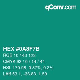 颜色代码: HEX #0A8F7B | qconv.com