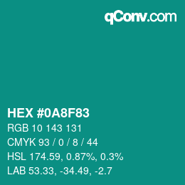 颜色代码: HEX #0A8F83 | qconv.com
