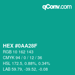 カラーコード: HEX #0AA28F | qconv.com