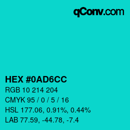 カラーコード: HEX #0AD6CC | qconv.com