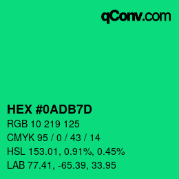 カラーコード: HEX #0ADB7D | qconv.com
