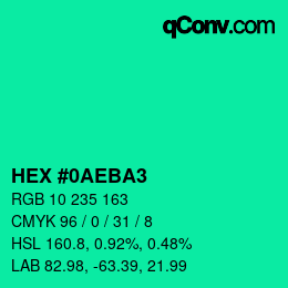 颜色代码: HEX #0AEBA3 | qconv.com