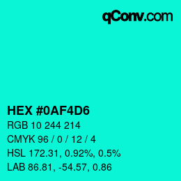 カラーコード: HEX #0AF4D6 | qconv.com
