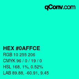 Color code: HEX #0AFFCE | qconv.com