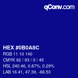 Color code: HEX #0B0A8C | qconv.com