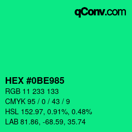 カラーコード: HEX #0BE985 | qconv.com