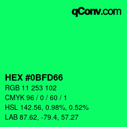 カラーコード: HEX #0BFD66 | qconv.com