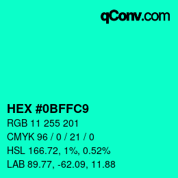 颜色代码: HEX #0BFFC9 | qconv.com