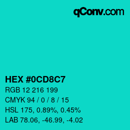 Farbcode: HEX #0CD8C7 | qconv.com