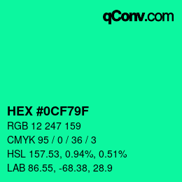 Color code: HEX #0CF79F | qconv.com