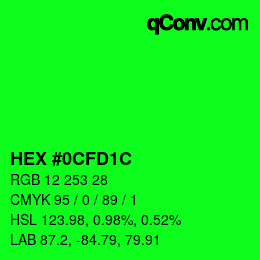 Color code: HEX #0CFD1C | qconv.com
