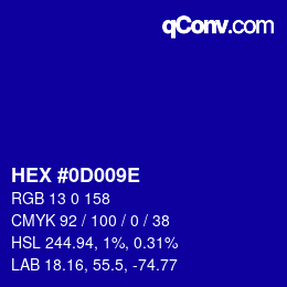 Color code: HEX #0D009E | qconv.com