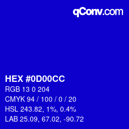 颜色代码: HEX #0D00CC | qconv.com