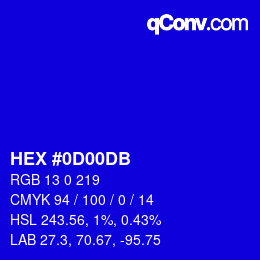 カラーコード: HEX #0D00DB | qconv.com