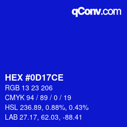 Color code: HEX #0D17CE | qconv.com