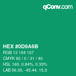 カラーコード: HEX #0D9A6B | qconv.com