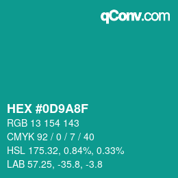 カラーコード: HEX #0D9A8F | qconv.com
