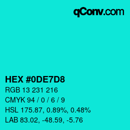 Farbcode: HEX #0DE7D8 | qconv.com
