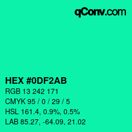 Color code: HEX #0DF2AB | qconv.com