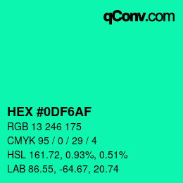 Color code: HEX #0DF6AF | qconv.com