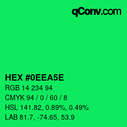 Color code: HEX #0EEA5E | qconv.com