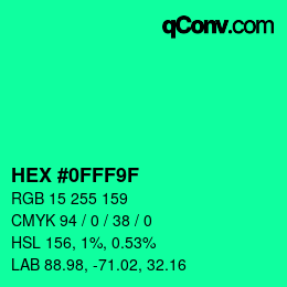 Color code: HEX #0FFF9F | qconv.com