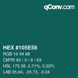 Farbcode: HEX #105E58 | qconv.com