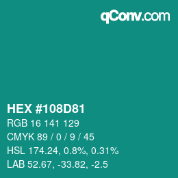 カラーコード: HEX #108D81 | qconv.com