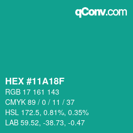カラーコード: HEX #11A18F | qconv.com
