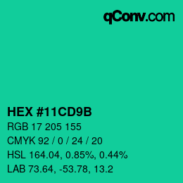 Code couleur: HEX #11CD9B | qconv.com