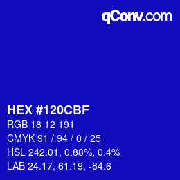 Color code: HEX #120CBF | qconv.com