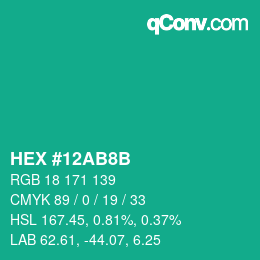 颜色代码: HEX #12AB8B | qconv.com