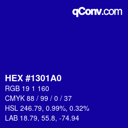 Color code: HEX #1301A0 | qconv.com