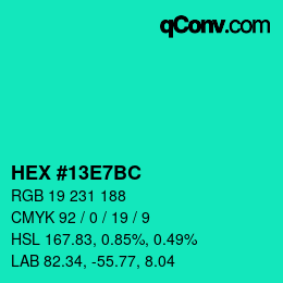 颜色代码: HEX #13E7BC | qconv.com