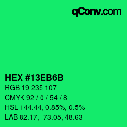 カラーコード: HEX #13EB6B | qconv.com
